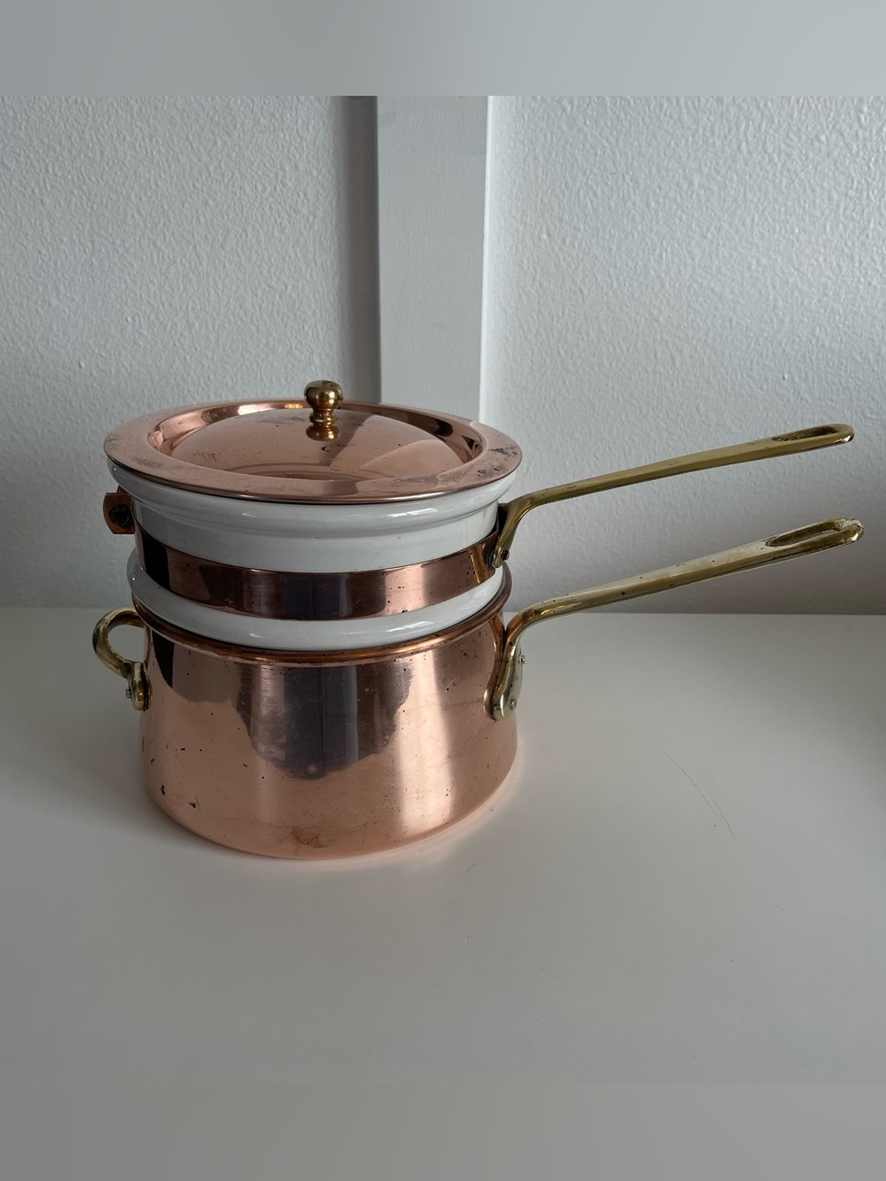Vintage Copper Double Boiler w/Porcelain Insert, Brass Handles